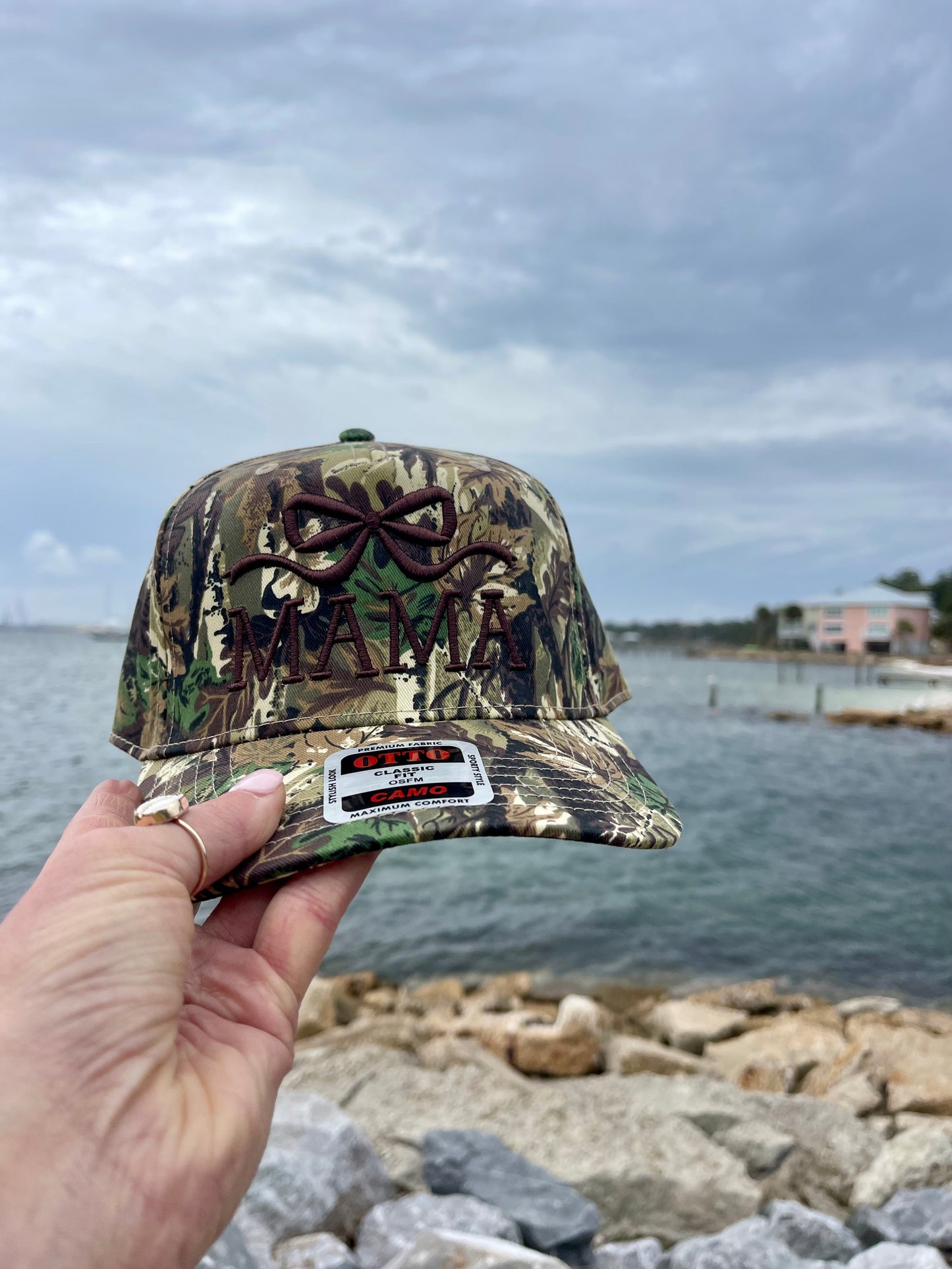 “MAMA” brown puff embroidery canvas Otto hat with a puff embroidered bow