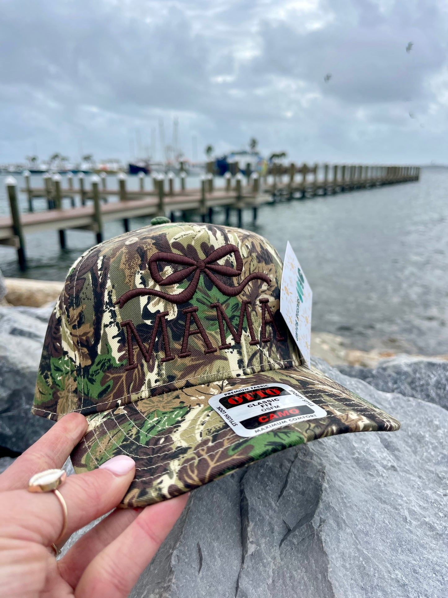 “MAMA” brown puff embroidery canvas Otto hat with a puff embroidered bow