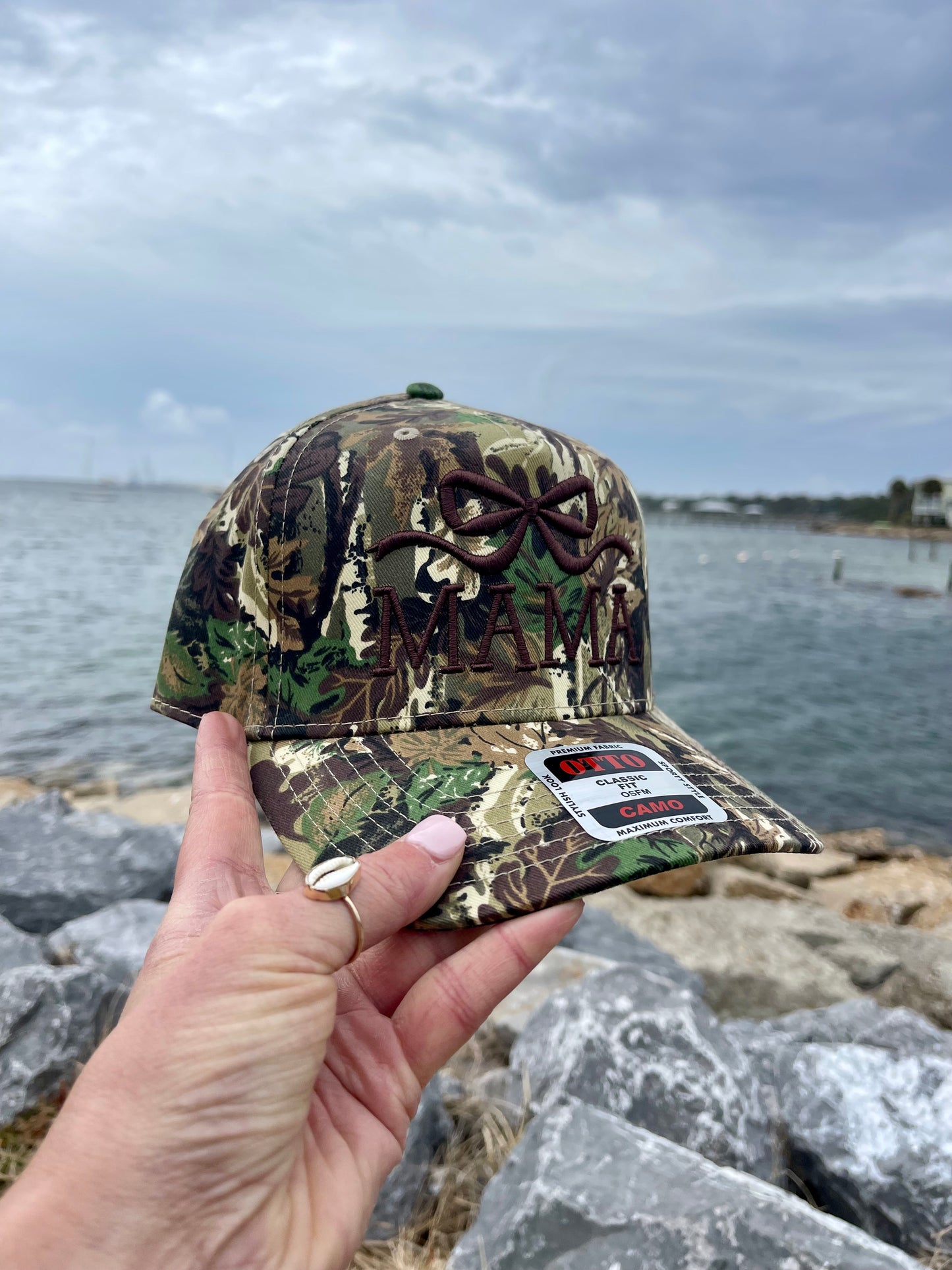“MAMA” brown puff embroidery canvas Otto hat with a puff embroidered bow