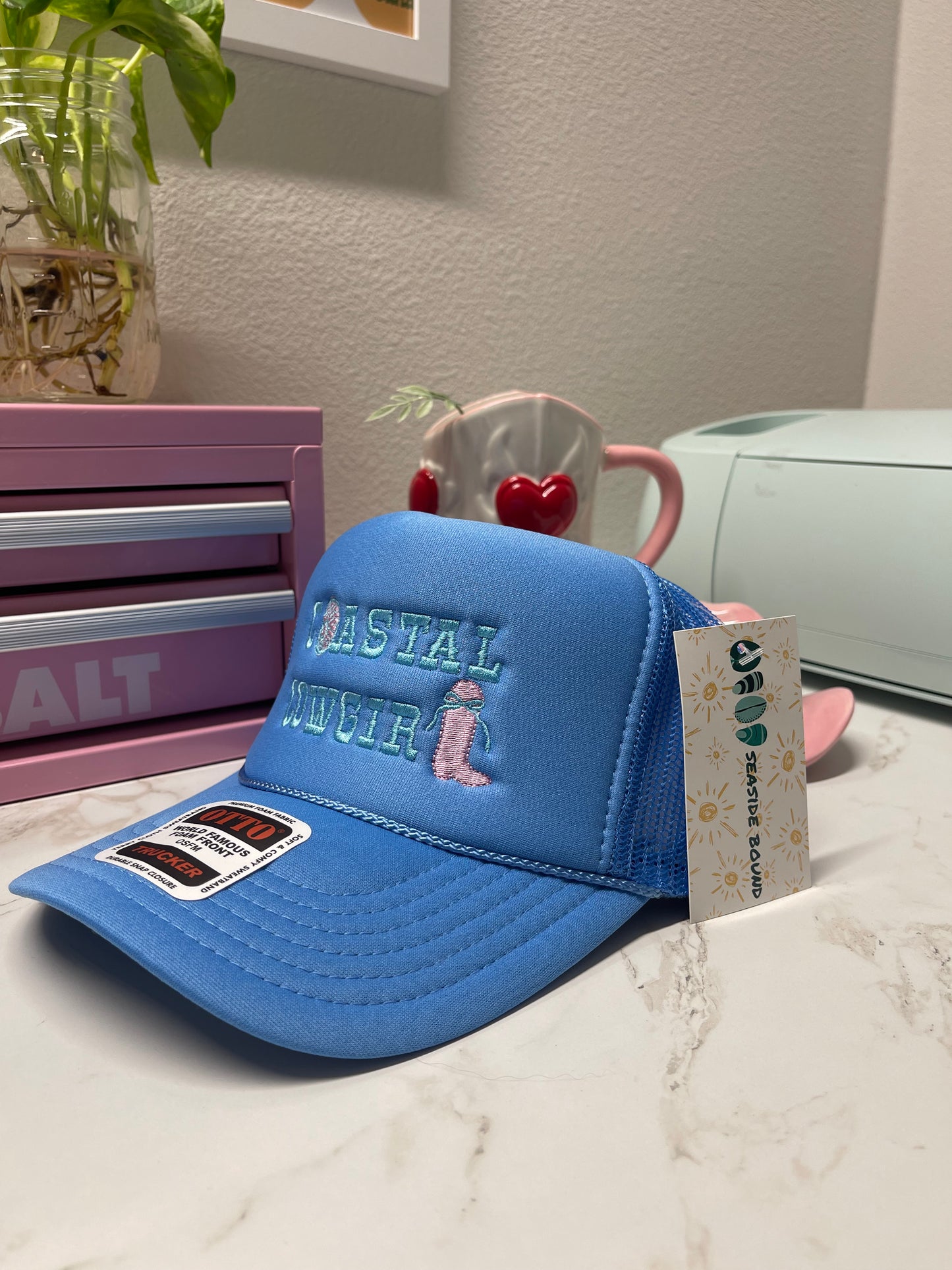 Coastal Cowgirl- Blue Otto Trucker Hat (pink inside shell)