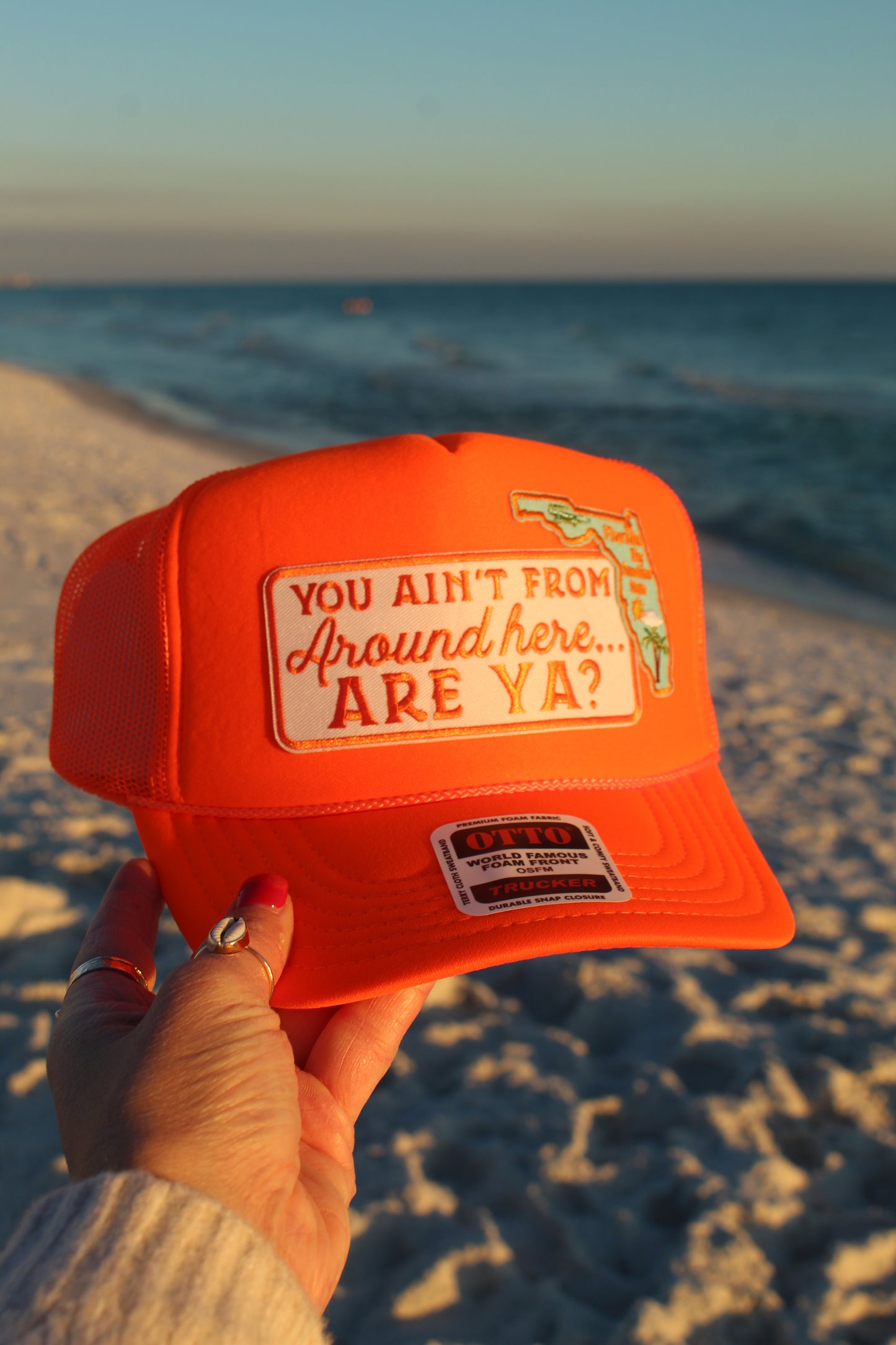 "You Ain't From Around here... ARE YA?" w/ state of Florida Patch - Neon Orange Otto Trucker Hat
