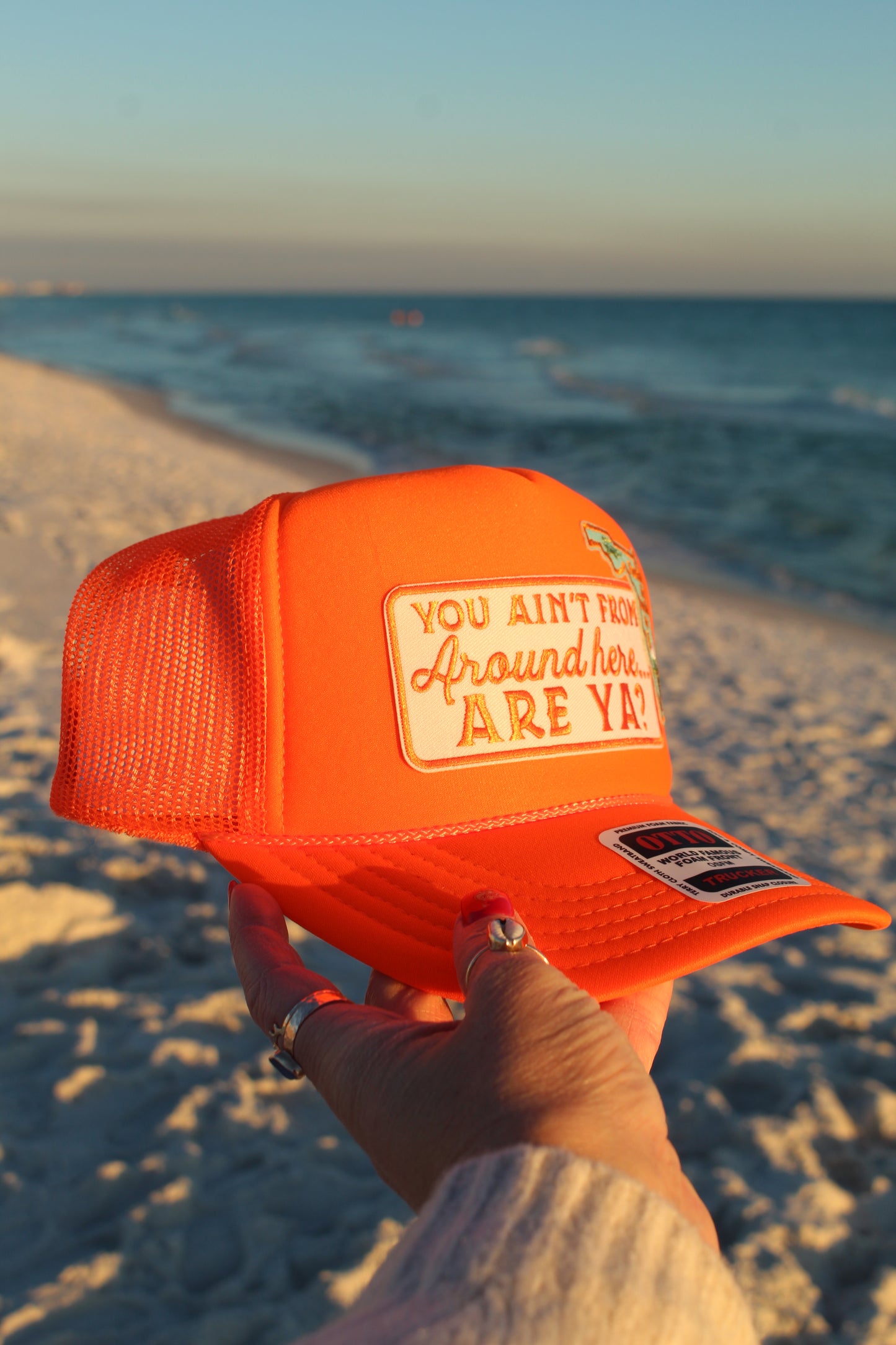 "You Ain't From Around here... ARE YA?" w/ state of Florida Patch - Neon Orange Otto Trucker Hat