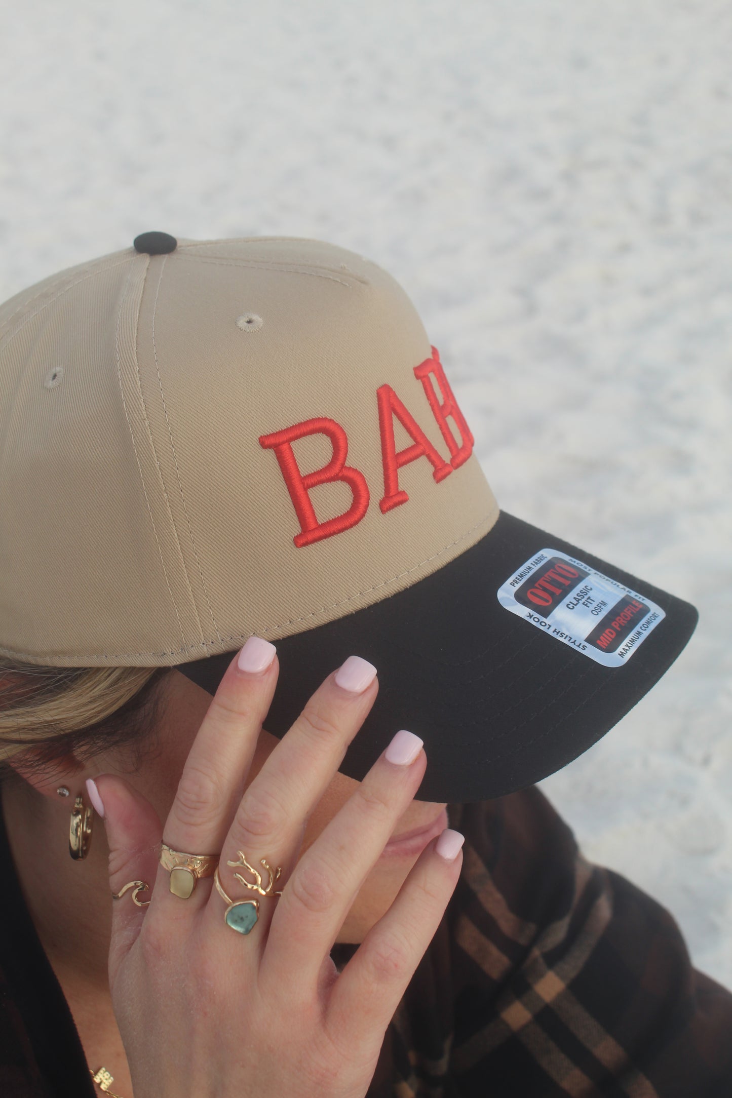 red "BABE" puff embroidery two-tone canvas Otto 5 panel hat