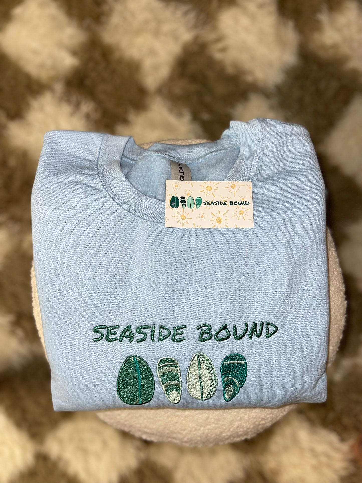 Seaside Bound Gildan Crewneck in the color Light Blue