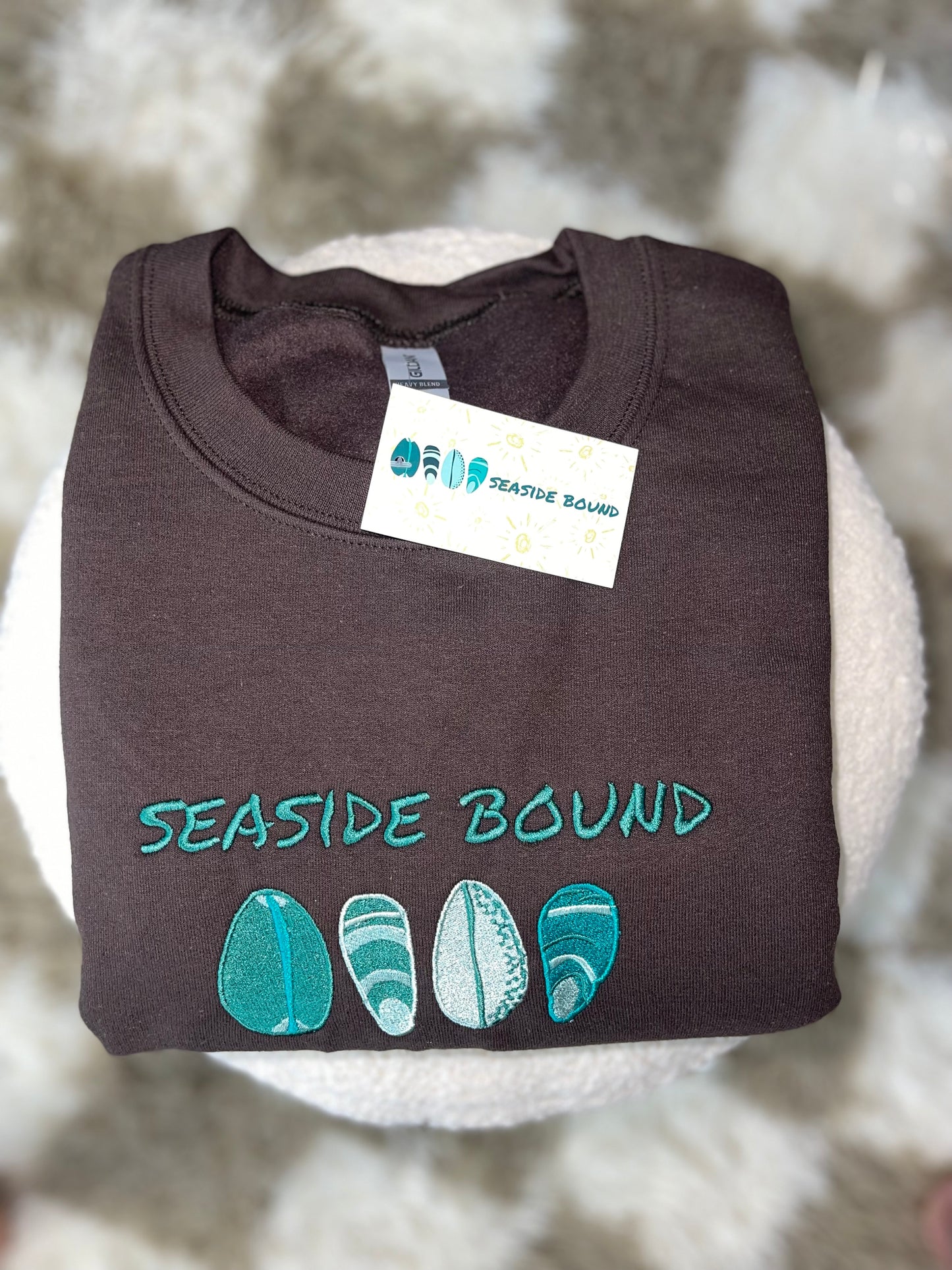 Seaside Bound Gildan Crewneck in the color Dark Chocolate