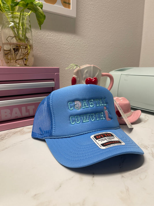 Coastal Cowgirl- Blue Otto Trucker Hat (pink inside shell)