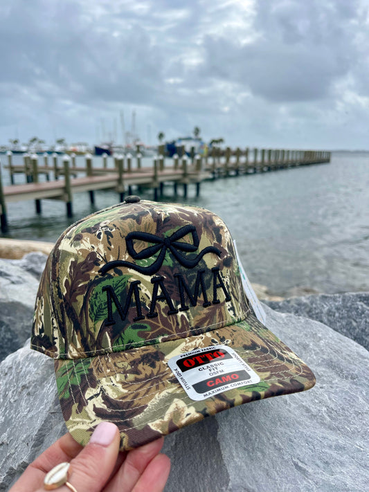 “MAMA” black puff embroidery canvas Otto hat with a black puff embroidered bow