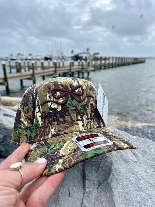 “MAMA” brown puff embroidery canvas Otto hat with a puff embroidered bow