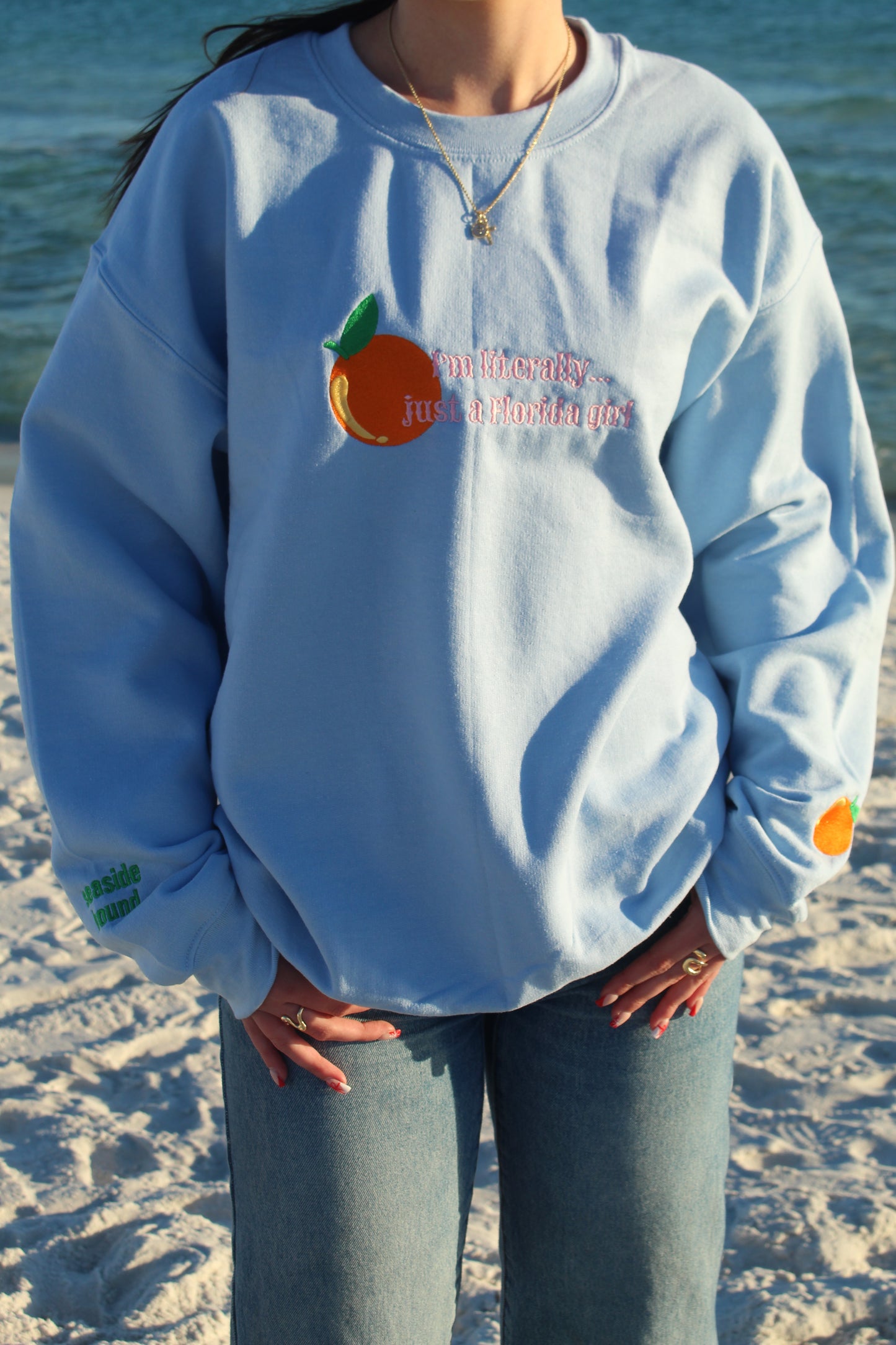 "I'm literally... just a Florida girl" Gildan Crewneck Sweatshirt in Light Blue