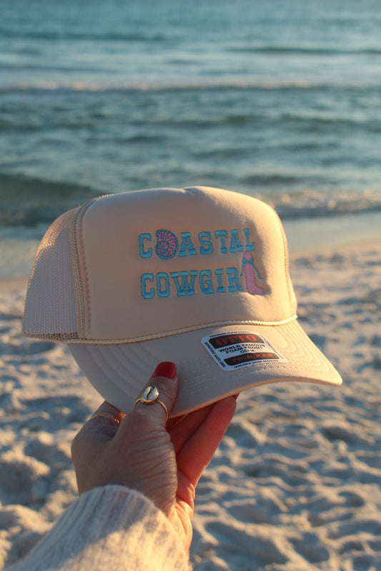 Coastal Cowgirl- Tan Otto Trucker Hat (pink inside shell)