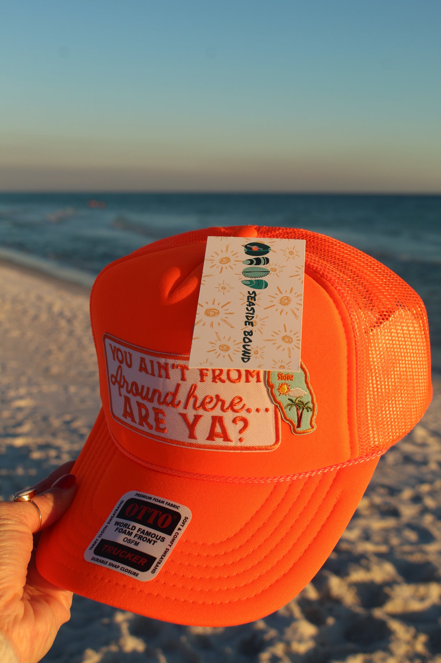"You Ain't From Around here... ARE YA?" w/ state of Florida Patch - Neon Orange Otto Trucker Hat